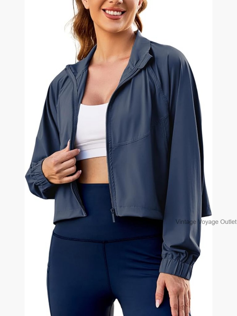Cropped Zip Up Athletic Jacket Long Sleeve Workout Top Lightweight